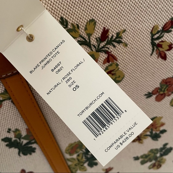 Tory Burch jumbo canvas tote shoulder bag natural rose floral yellow beige - Picture 7 of 14
